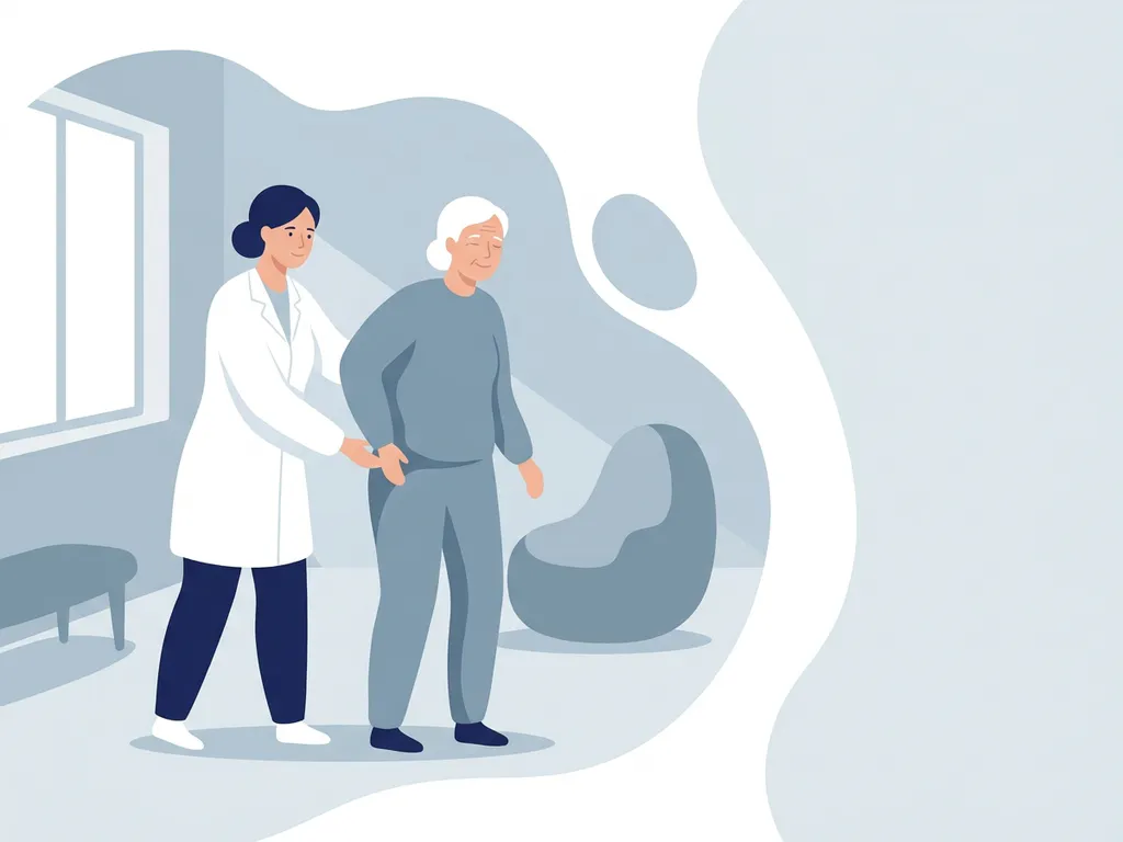 Physiotherapist in white coat supporting elderly patient's hip during standing assessment in a calm, modern clinical room.