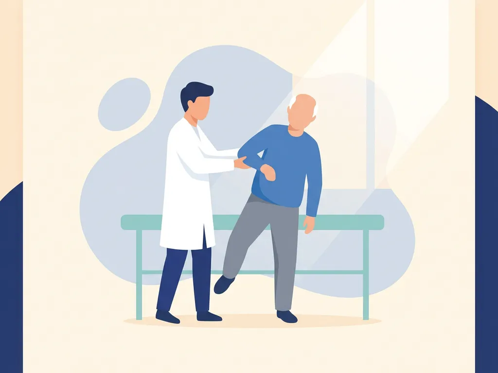 Physiotherapist in white coat guiding elderly patient through hip mobility exercise in a bright modern clinic.