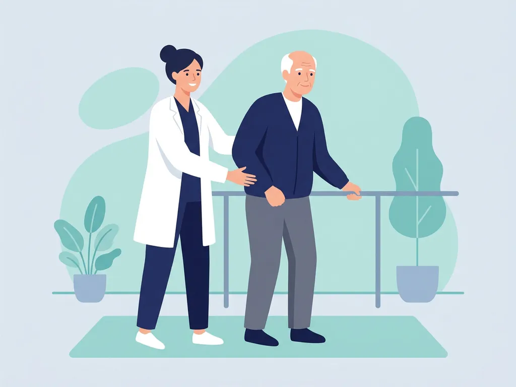 Physiotherapist in white coat supporting elderly patient's hip during standing rehabilitation exercise in a modern clinic.