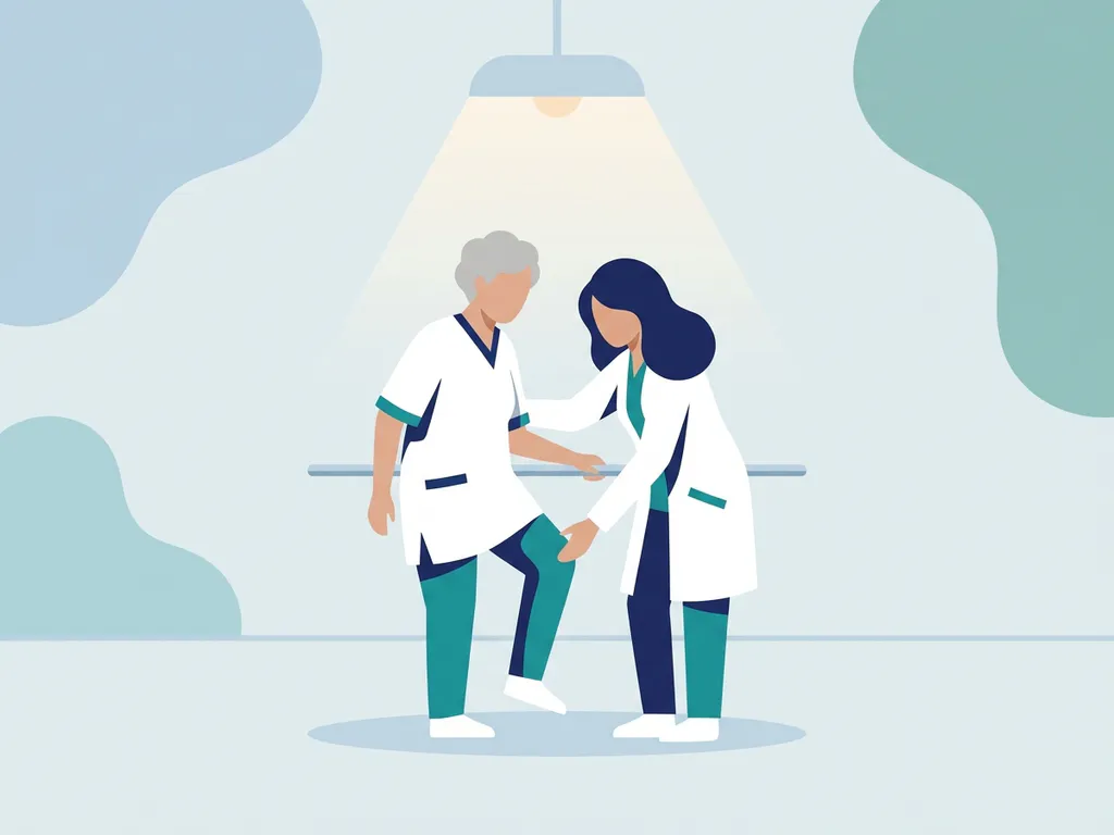 Physiotherapist in white coat guiding elderly patient through knee-strengthening exercise in a calm clinical setting.