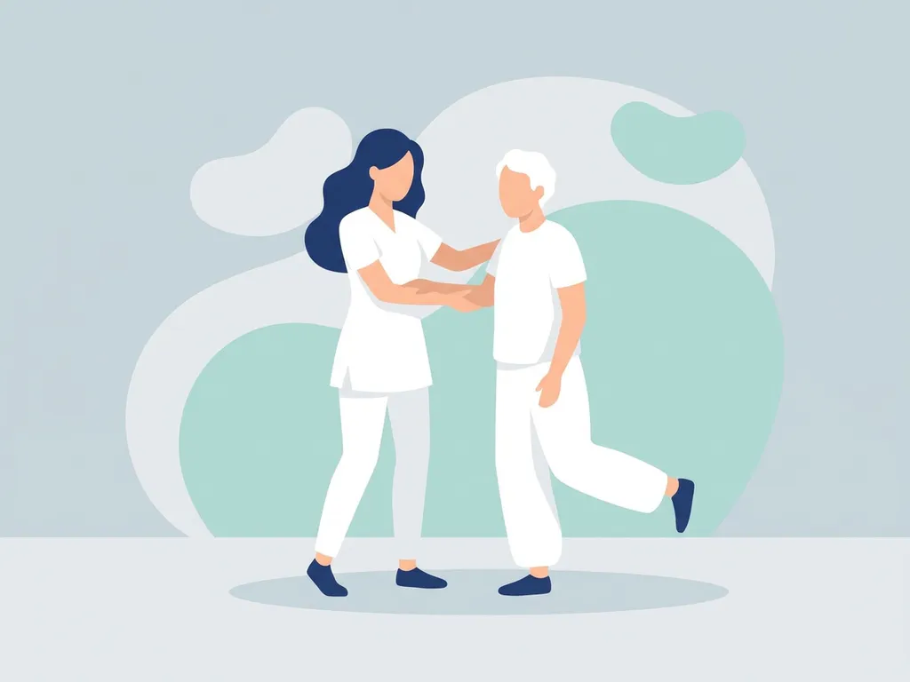 Physiotherapist in white guiding an older adult through a standing leg exercise in a minimal clinic, flat vector illustration in navy and teal.