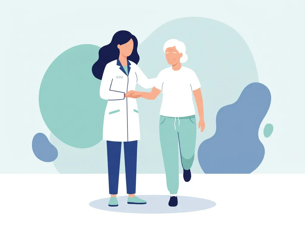 Physiotherapist in white coat guiding elderly patient through single-leg balance exercise in a bright clinical setting.