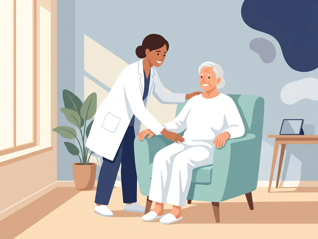 Physiotherapist in white coat examining elderly patient's hip during clinic consultation, warm natural light, modern healthcare setting.