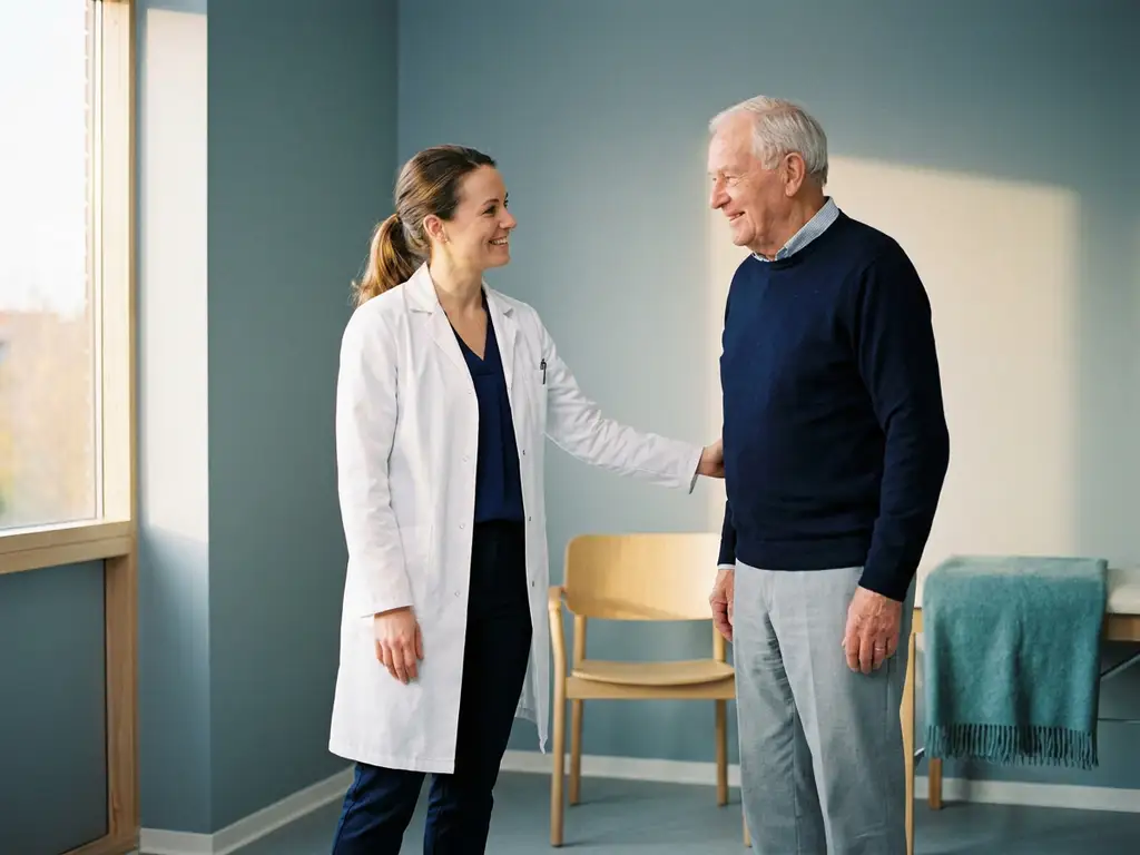 Physiotherapist in white coat placing a reassuring hand on an elderly patient's hip during a clinical assessment.