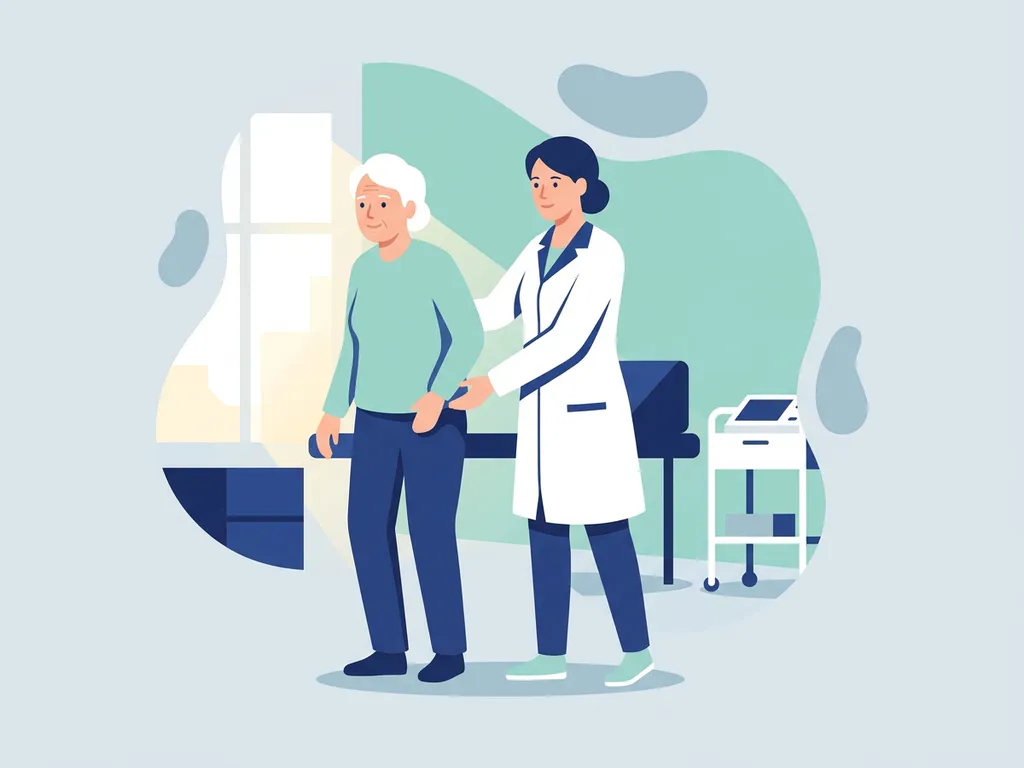 Physiotherapist in white coat supporting elderly patient's hip during a clinic session, teal accent wall, warm natural light.