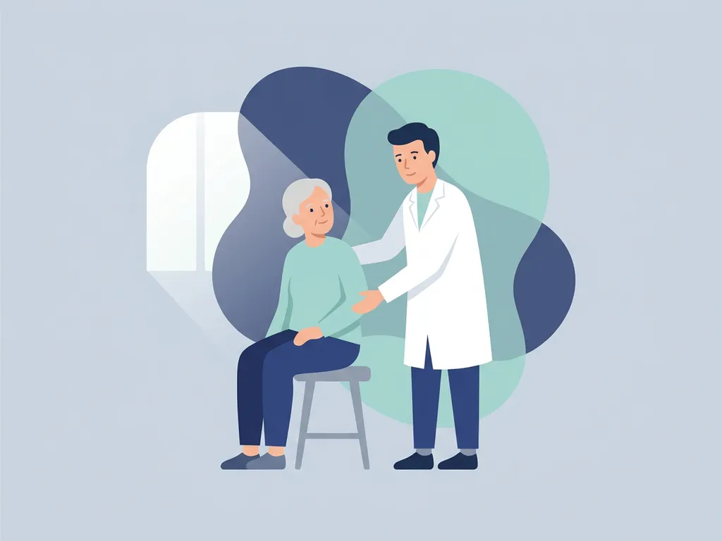 Physiotherapist in white coat supporting elderly patient's hip during seated consultation in a calm clinical room.