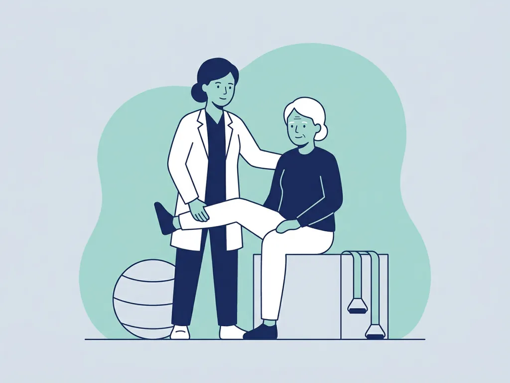 Physiotherapist in white coat guiding elderly patient through seated hip mobility exercise in a modern clinic setting.