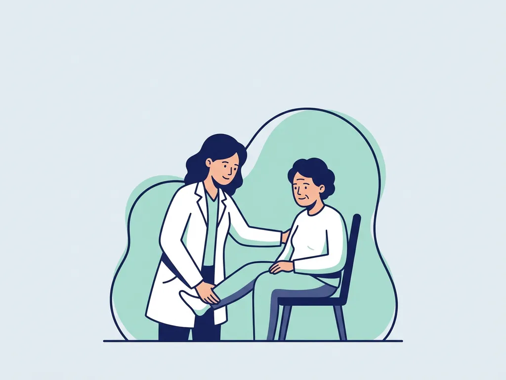 Physiotherapist in white coat guiding elderly patient through seated hip mobility exercise in a calm clinical setting.