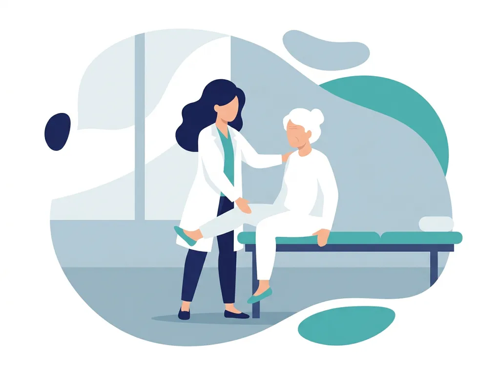 Physiotherapist in white coat guiding elderly patient through seated hip mobility exercise in a calm clinical room.