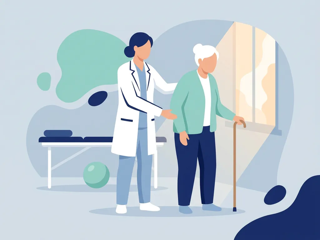 Physiotherapist in white coat supporting elderly patient's hip while patient stands with wooden cane in a clinical setting.