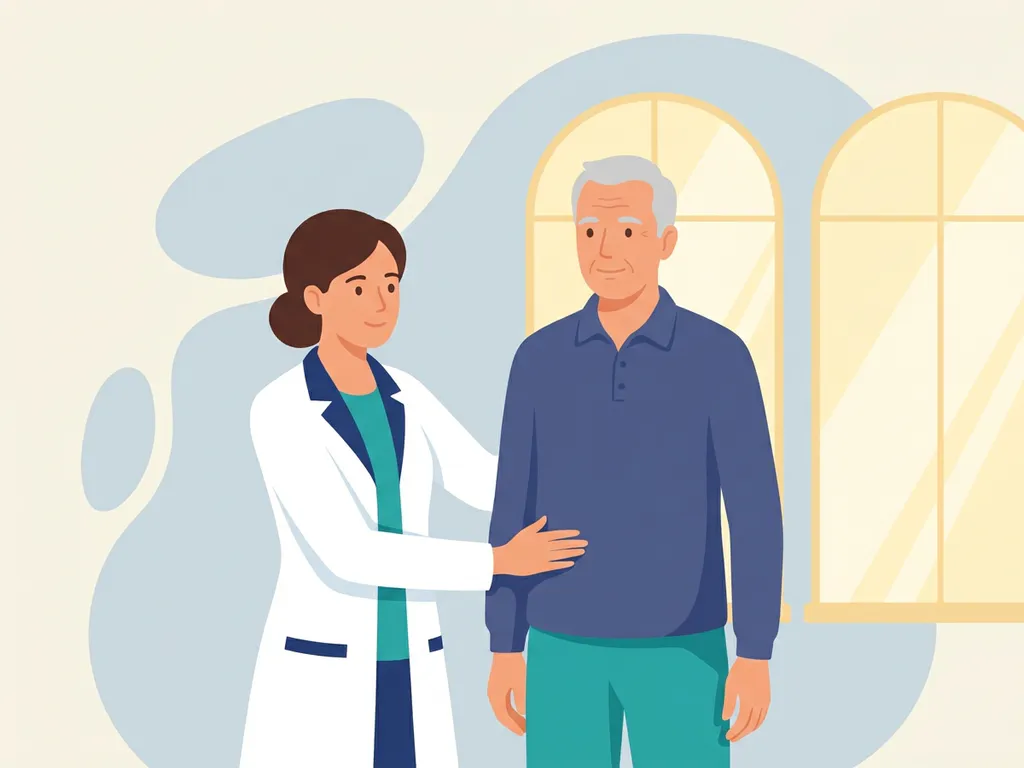 Physiotherapist in white coat examining elderly patient's hip during standing assessment in a warm clinical setting.