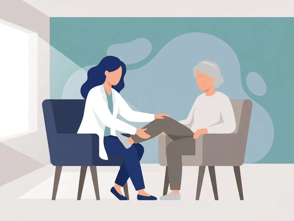 Physiotherapist in white coat supporting an elderly patient's bent knee during a seated clinical consultation.