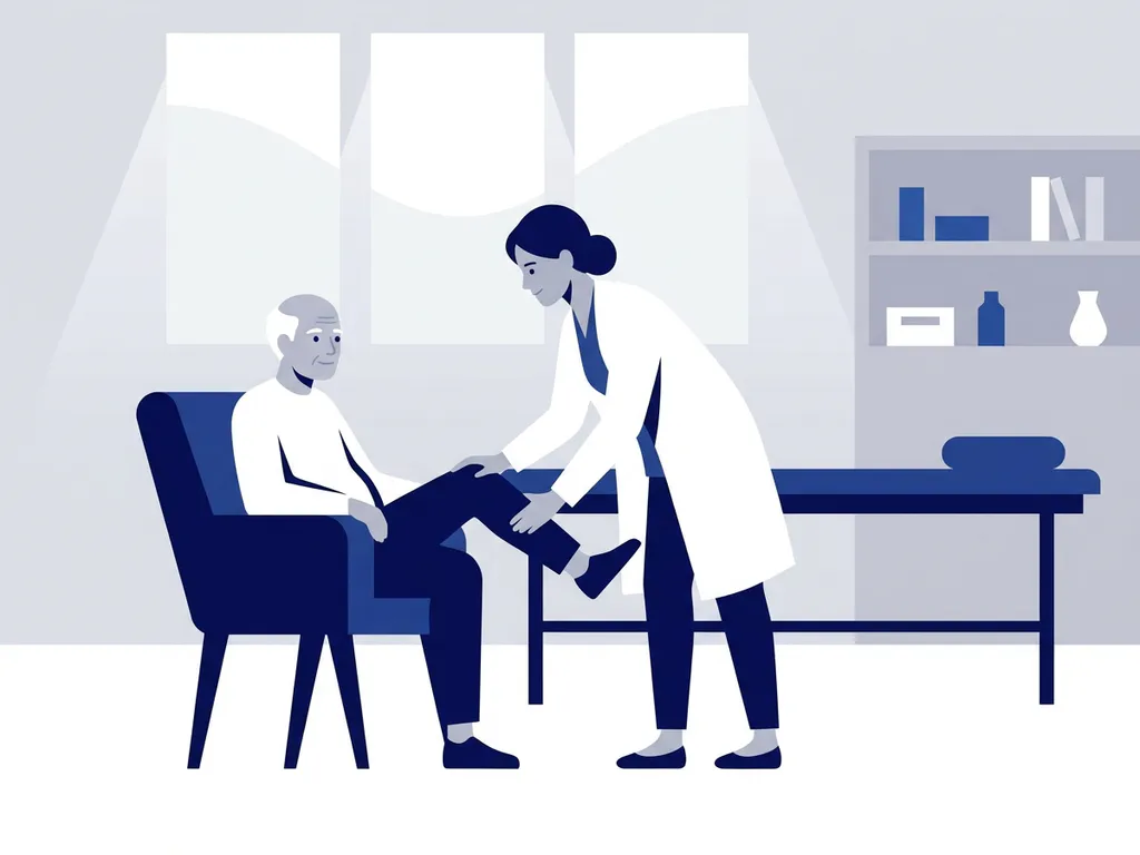 Physiotherapist in white coat supporting an elderly patient's bent knee during a calm seated consultation in a softly lit clinical room.