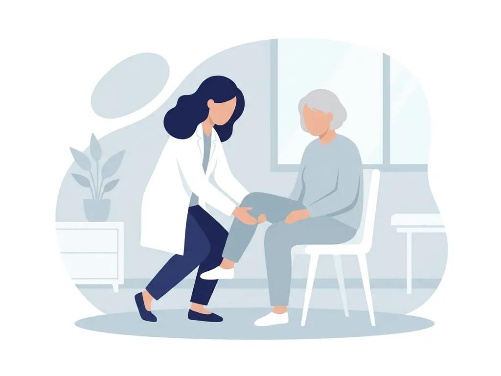 Physiotherapist in white coat supporting elderly patient's bent knee during seated rehabilitation session in a calm clinical room.