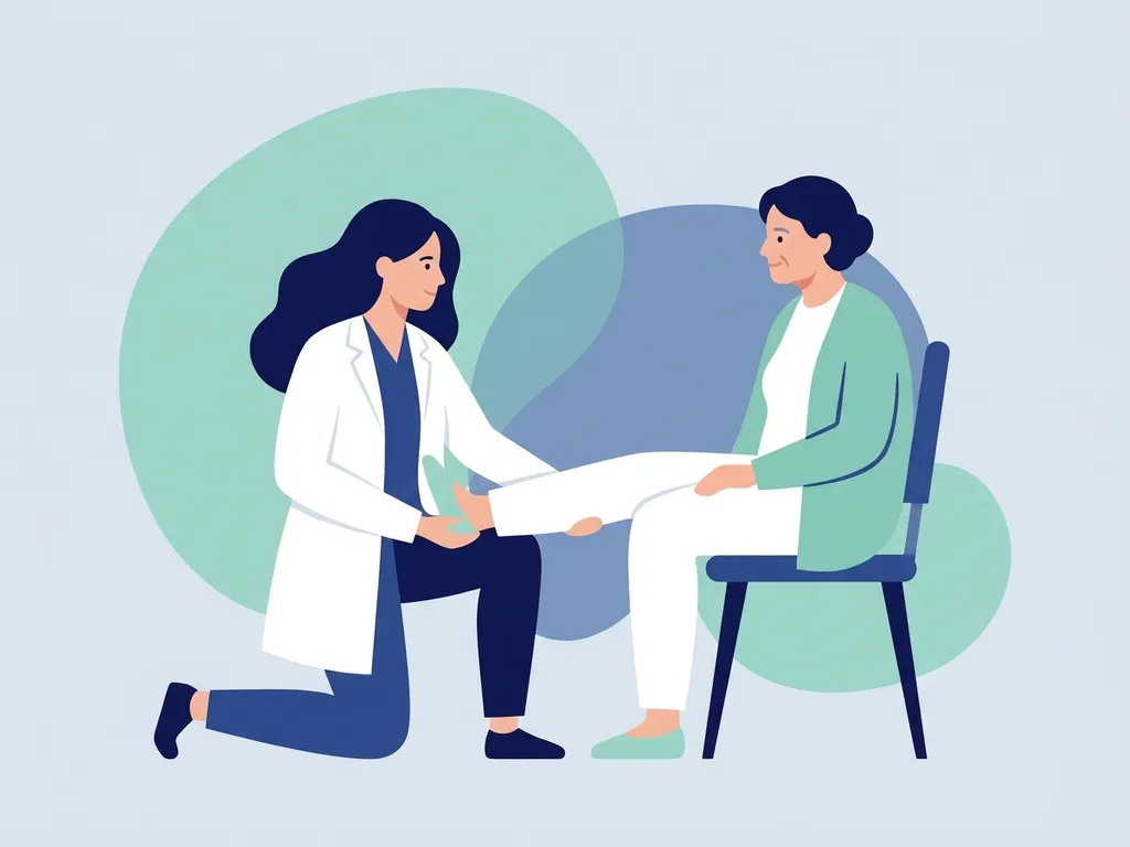 Physiotherapist in white coat guiding elderly patient through a seated leg-raise exercise, flat vector illustration in navy and teal.