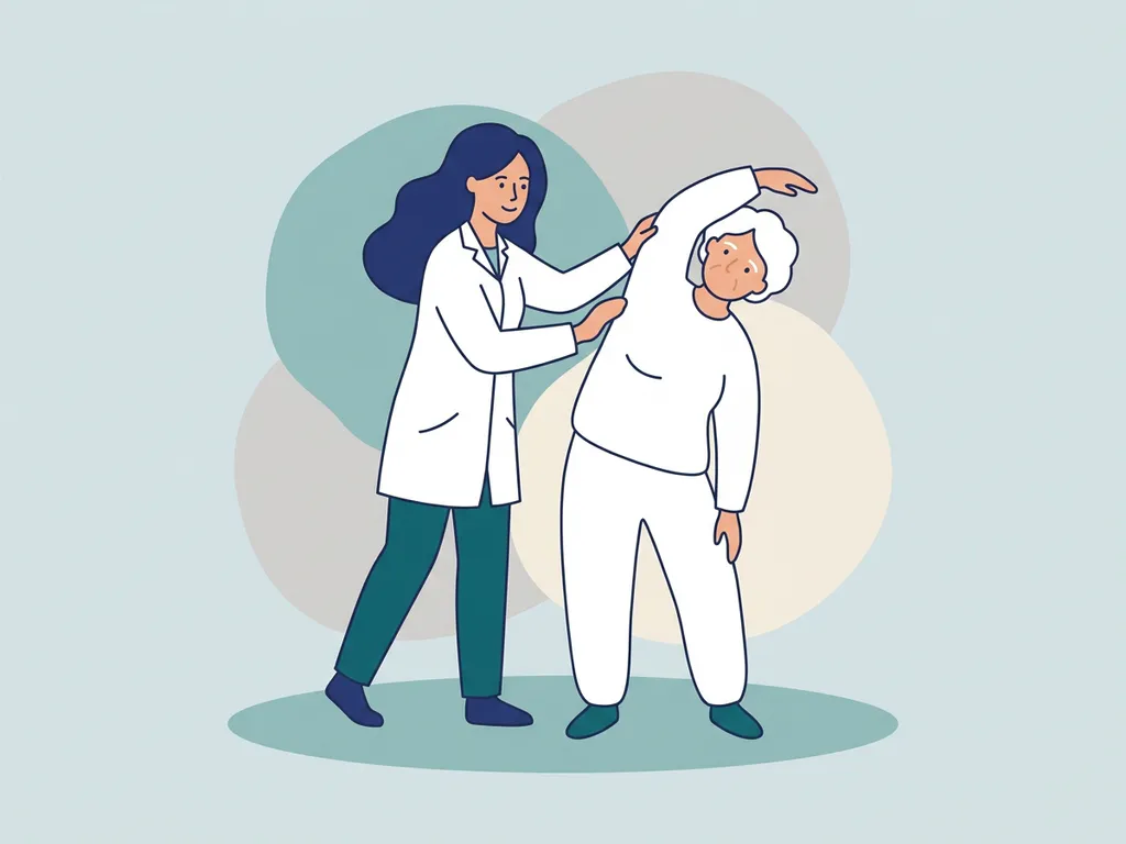 Physiotherapist in white coat guiding an elderly patient through a gentle stretch in a calm clinical setting.