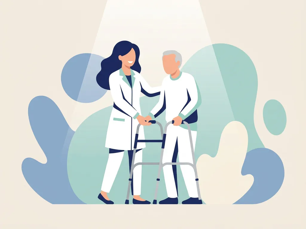 Physiotherapist in white coat assisting elderly patient with a walking aid in a calm clinical setting.
