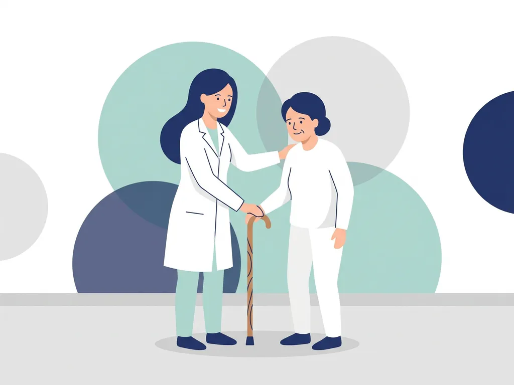 Physiotherapist in white coat assisting an elderly patient with a wooden cane in a calm clinical setting, flat vector illustration.