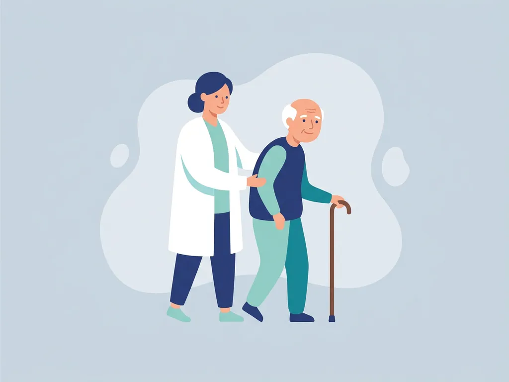 Physiotherapist in white coat supporting an elderly patient with a walking cane, flat vector illustration in teal and navy tones.