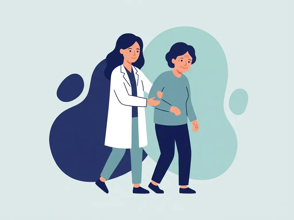 Physiotherapist in white coat guiding elderly patient through walking exercise, flat vector illustration with soft blue-grey background.