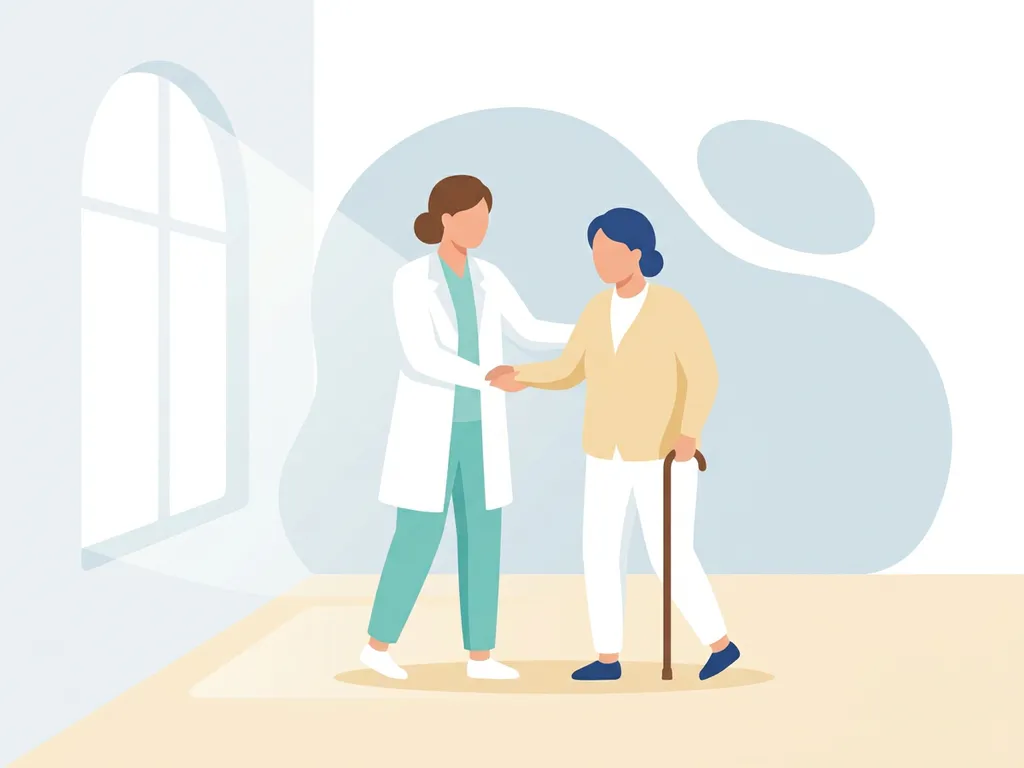 Physiotherapist in white coat guiding an elderly patient with a cane through a sunlit clinical hallway.