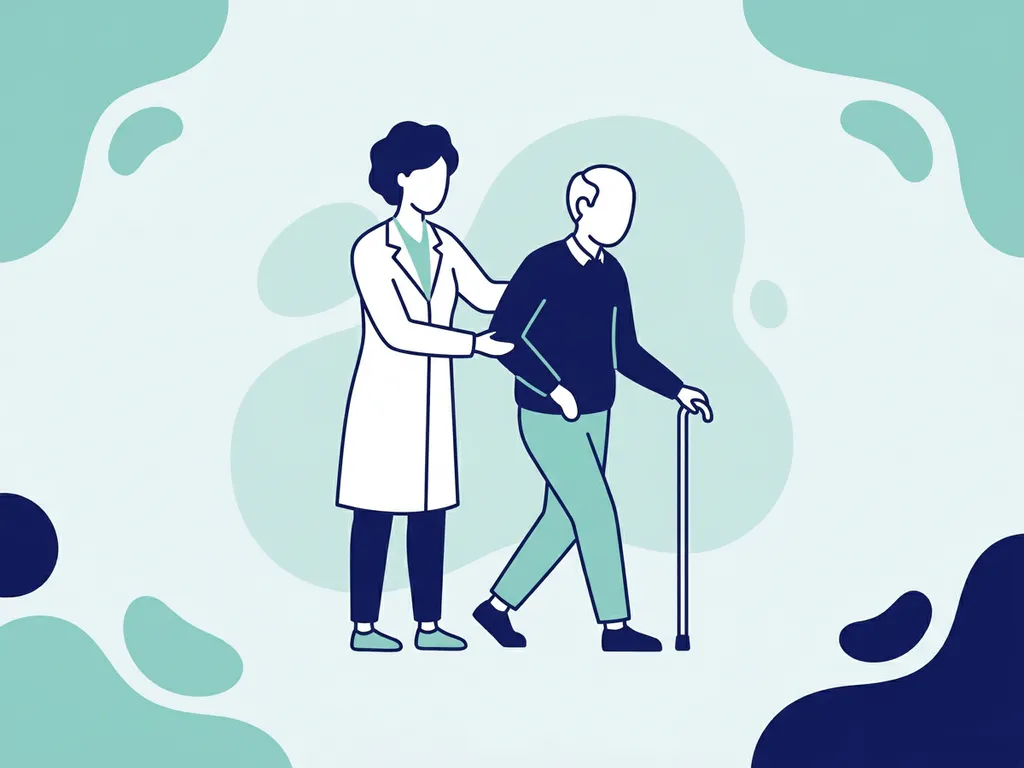 Physiotherapist in white coat steadying an elderly patient mid-stride, flat vector illustration in navy and teal tones.