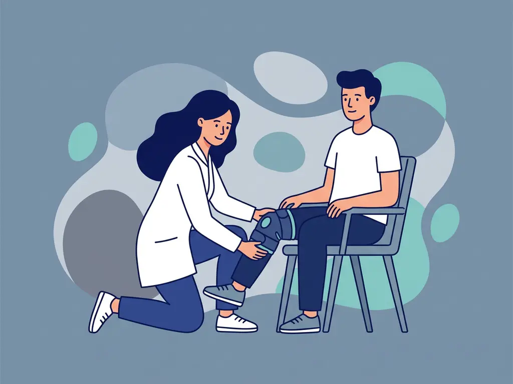 Physiotherapist in white coat fitting a soft knee brace on a seated patient against a blue-grey background.