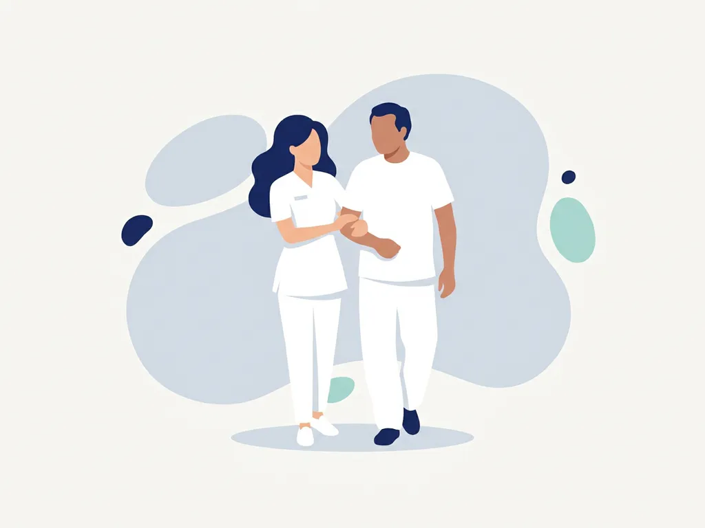 Physiotherapist in white guiding an older adult through a walking exercise in a minimal clinic, flat vector illustration in navy and teal.