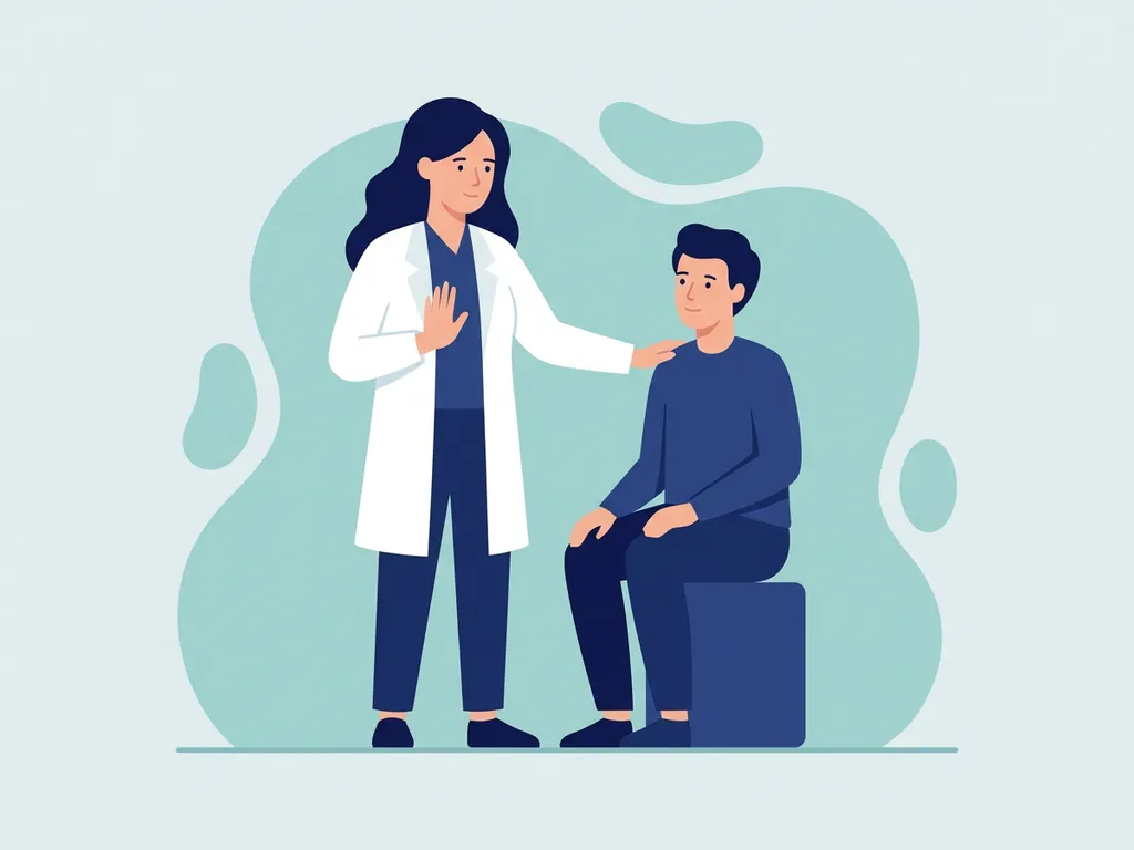 Physiotherapist in white coat guiding seated patient away from deep-squat position with a calm cautionary hand gesture.