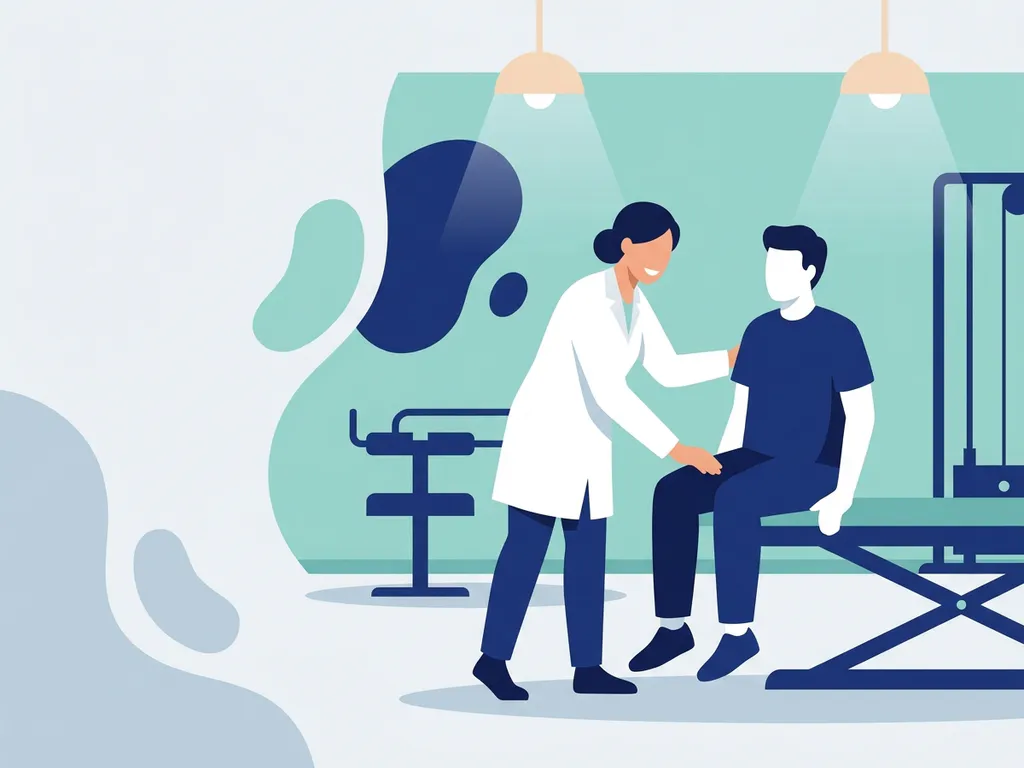 Physiotherapist in white coat examining a patient's hip in a modern clinic with teal and navy tones.