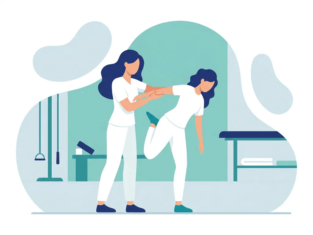 Physiotherapist in white guiding a patient through a standing hip mobility exercise in a modern clinic with a soft teal accent wall.