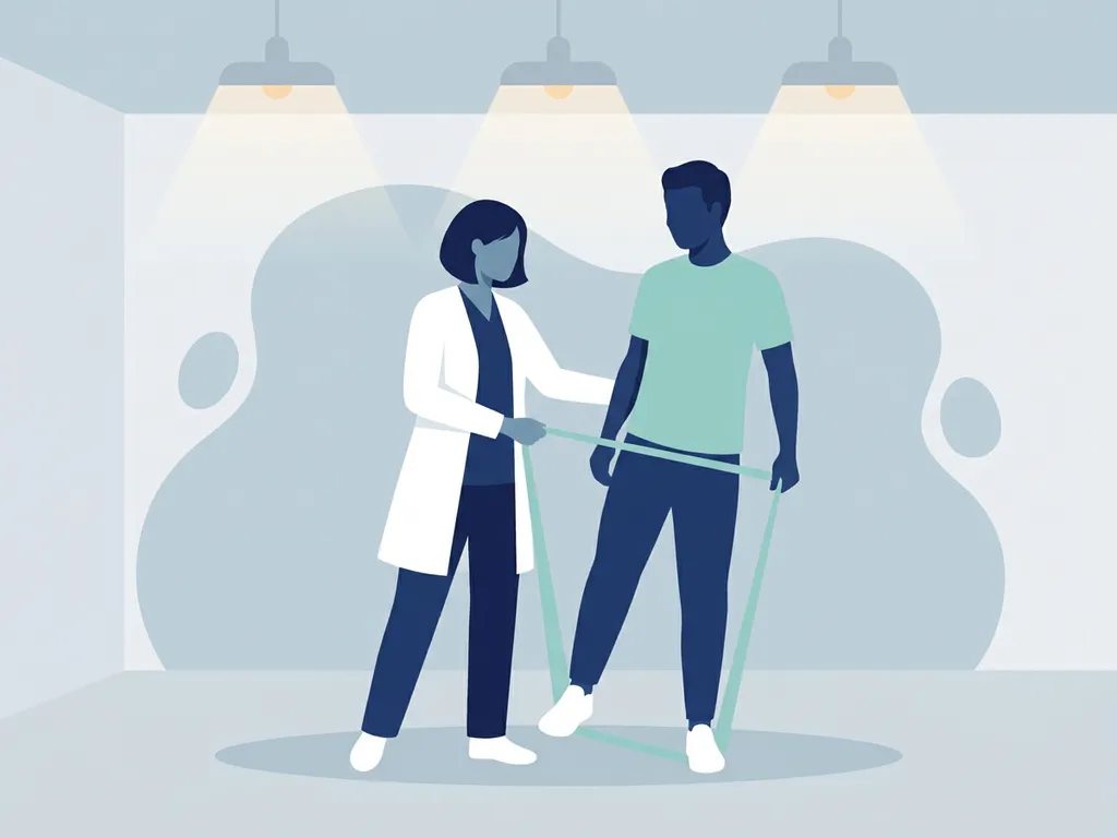 Physiotherapist in white coat guiding patient through standing hip mobility exercise using a soft teal resistance band in a clinical room.