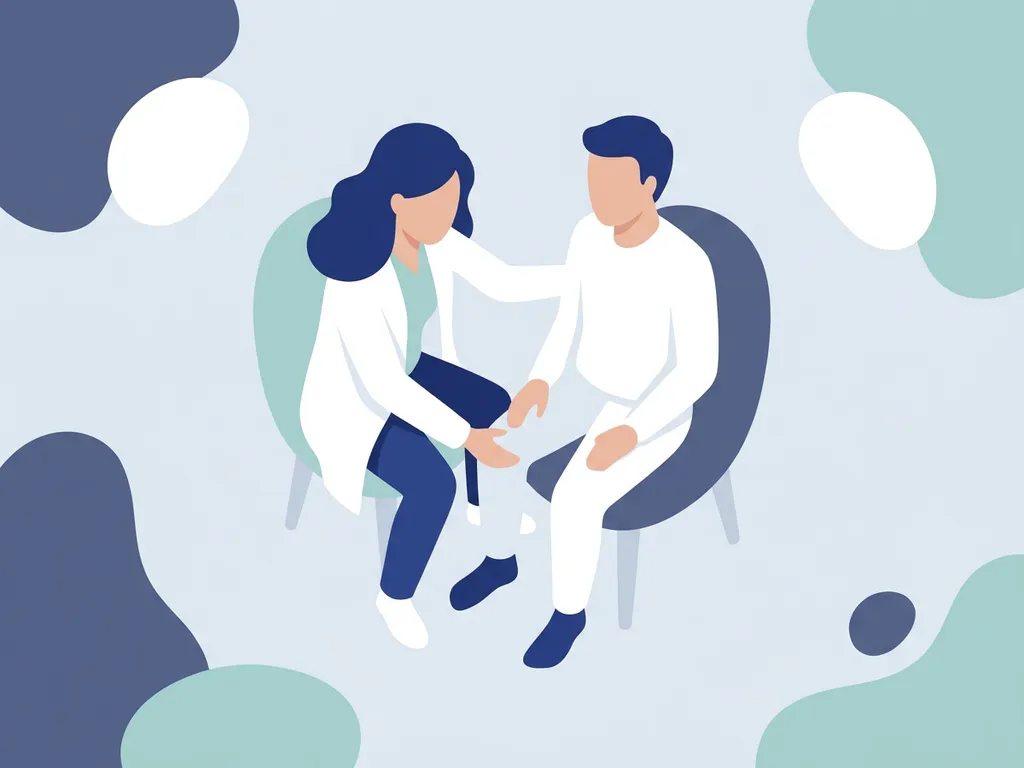 Physiotherapist in white coat supporting a seated patient's hip during a rehabilitation session, flat vector illustration in soft blue-grey tones.
