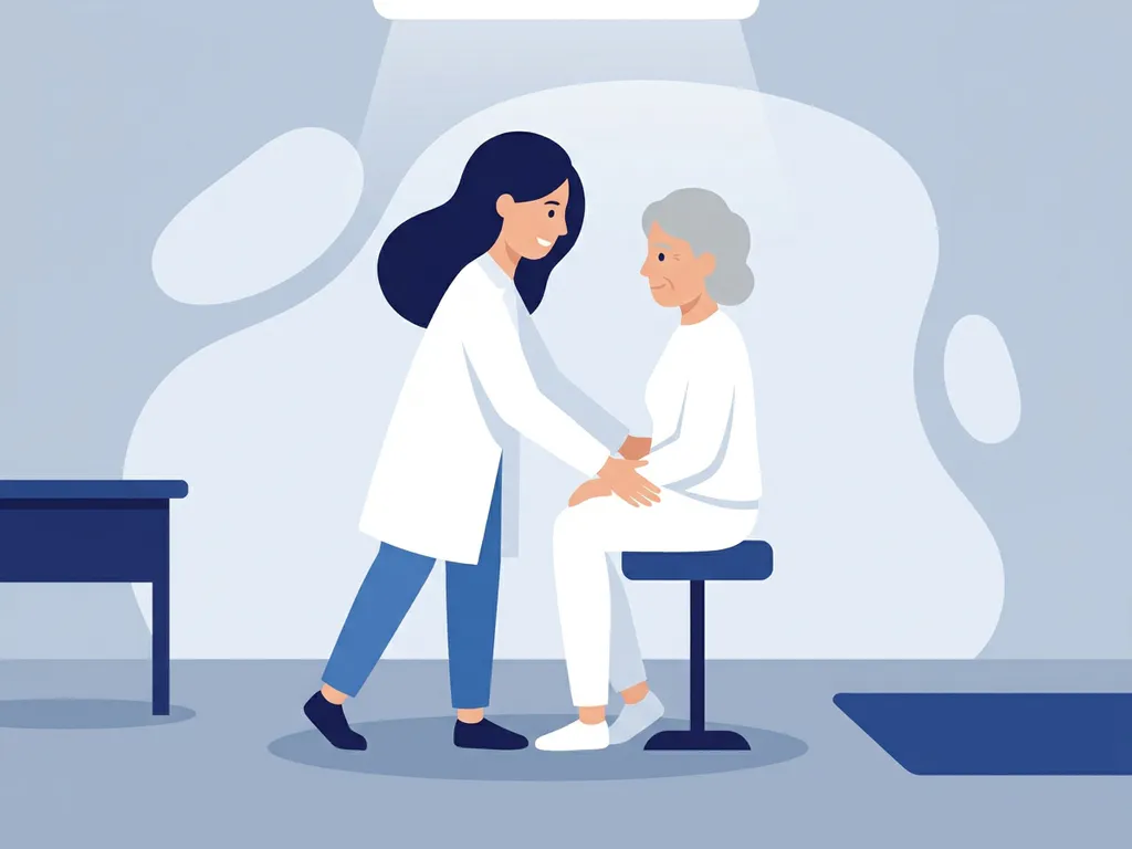 Physiotherapist in white coat examining the hip of a seated elderly patient during a clinical consultation.