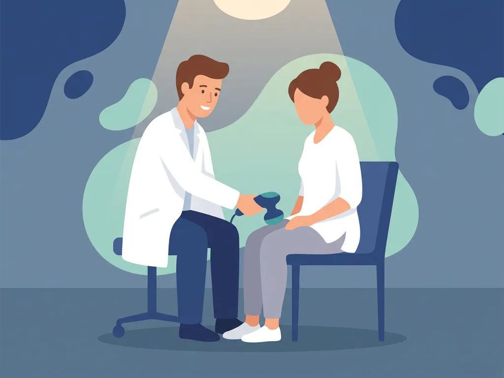 Physiotherapist in white coat applying handheld therapy device to seated patient's outer hip in a calm clinical room.