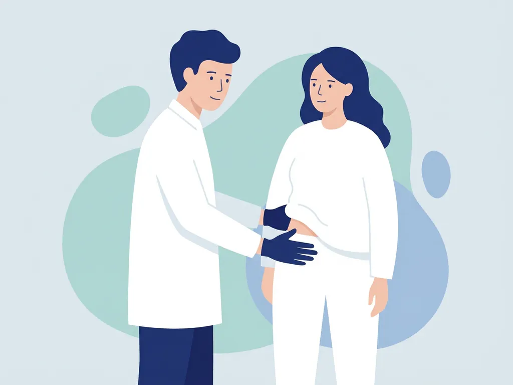 Physiotherapist in white coat assessing a patient's hip, flat vector illustration in white, navy, and teal tones.