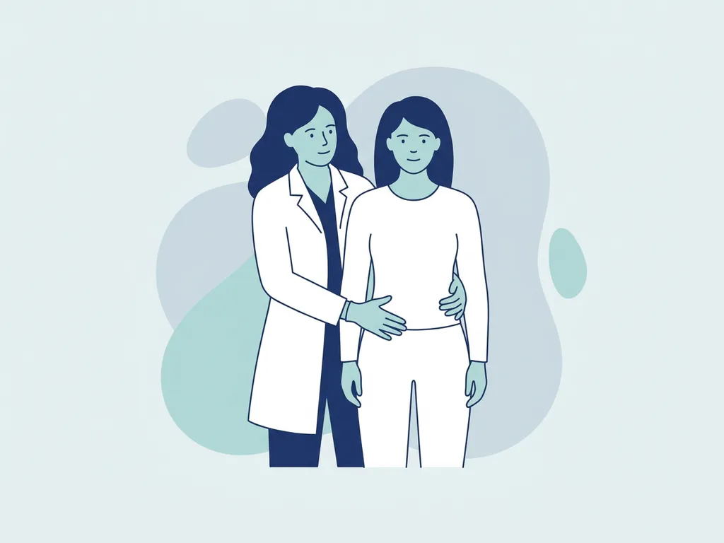 Physiotherapist in white coat examining a patient's hip area during a clinical assessment, flat vector illustration with teal and navy accents.
