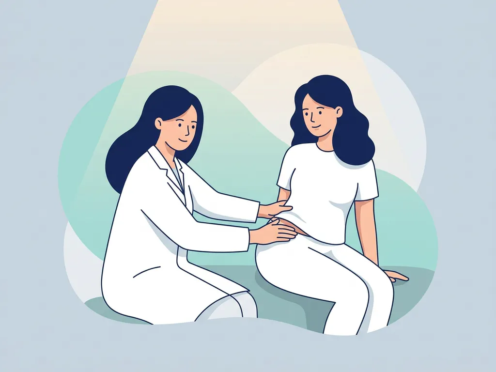 Physiotherapist in white coat examining a seated patient's hip, warm clinical illustration in navy, teal, and grey tones.