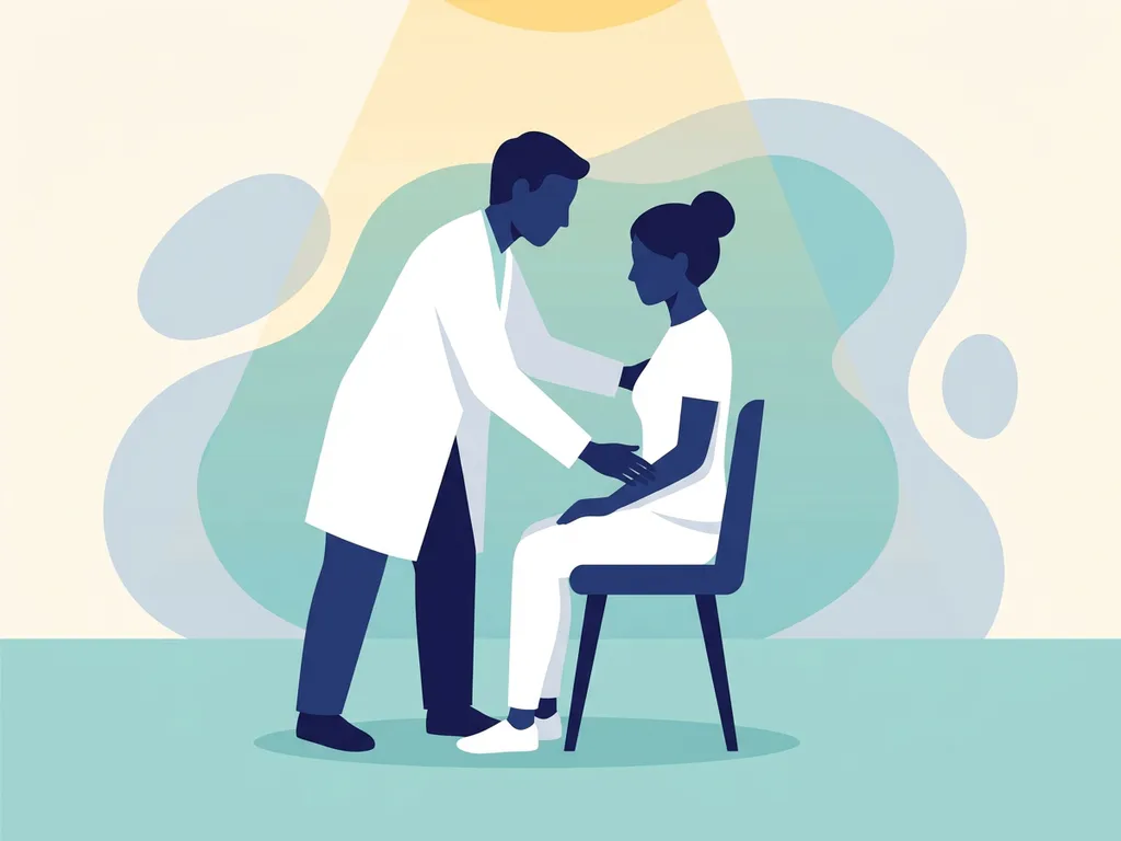 Physiotherapist in white coat examining a seated patient's hip area in a calm, teal-accented clinical room.