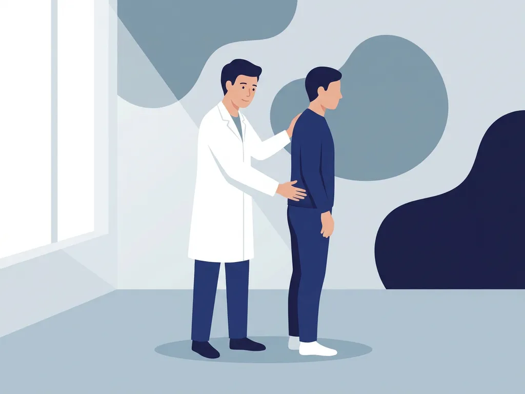 Physiotherapist in white coat assessing a standing patient's hip from behind in a calm, softly lit clinical room.