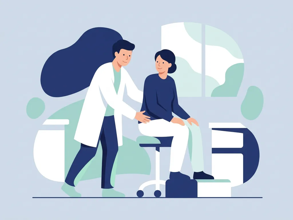 Physiotherapist in white coat examining a seated patient's hip in a modern clinic with soft natural light.