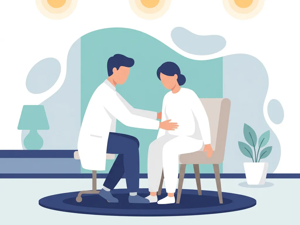 Physiotherapist in white coat examining a seated patient's hip area in a calm clinical room with teal accent wall.