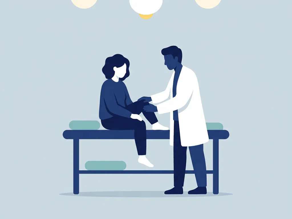 Physiotherapist in white coat examining a seated patient's knee during a clinical consultation in a calm, minimal treatment room.