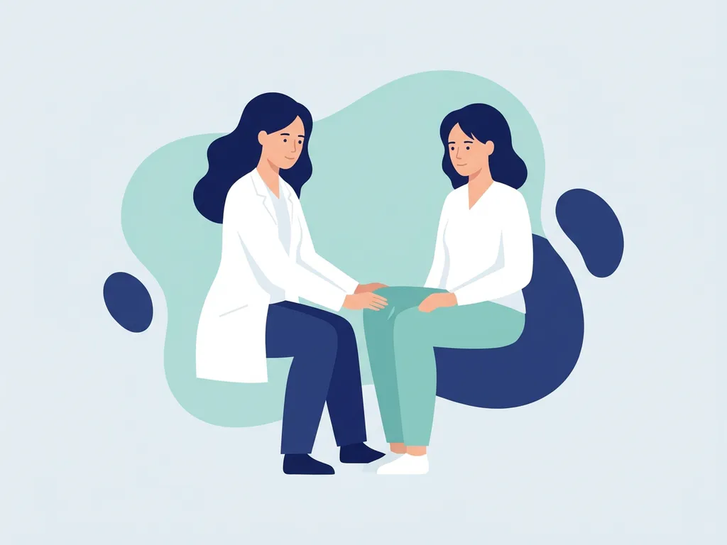 Physiotherapist in white coat examining a seated patient's knee during a calm clinical assessment session.