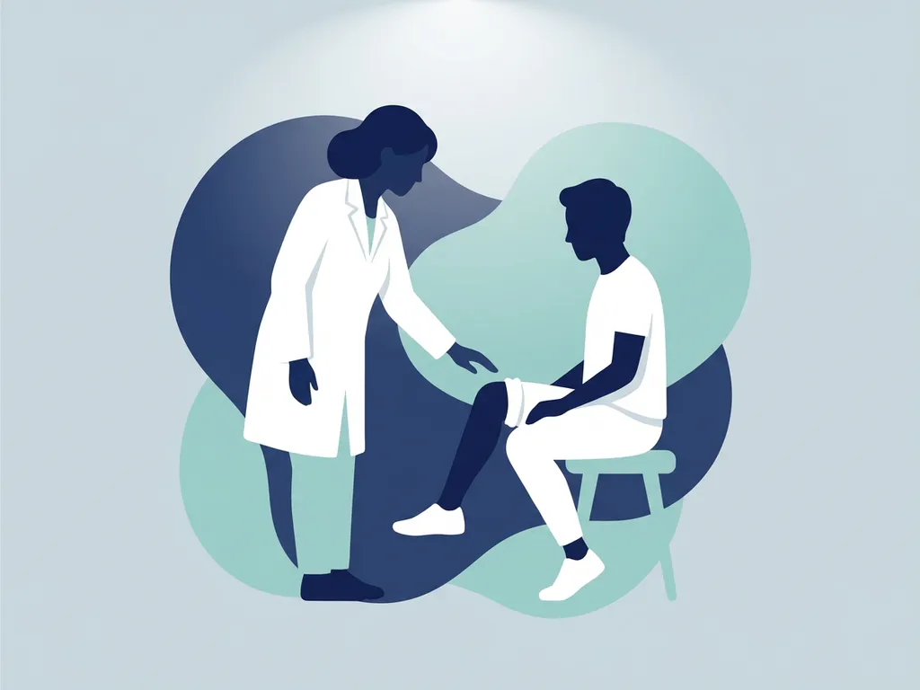 Physiotherapist in white coat examining a seated patient's knee in a modern flat vector medical illustration.