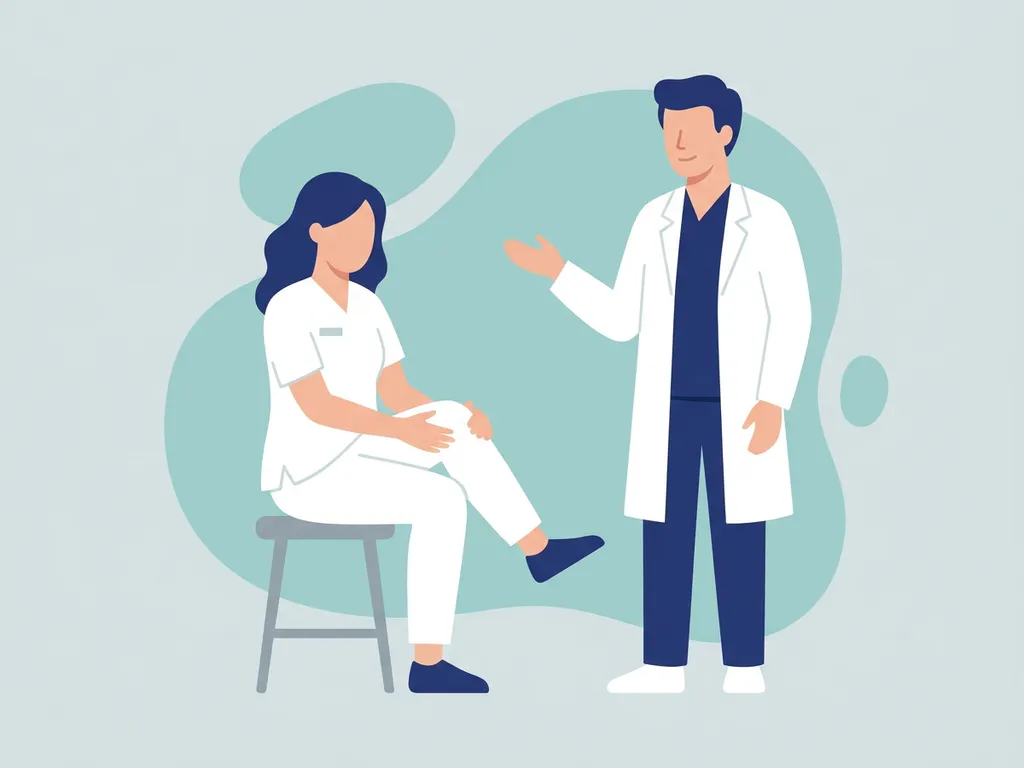 Physiotherapist in white coat guiding a seated patient with knee pain during a rehabilitation session.