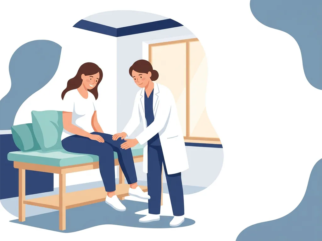 Physiotherapist in white coat examining a seated patient's knee during a clinic consultation, soft teal accents and warm natural light.