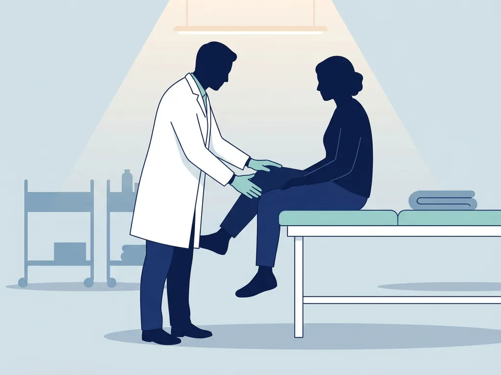 Physiotherapist in white coat examining a seated patient's knee during a clinical consultation.