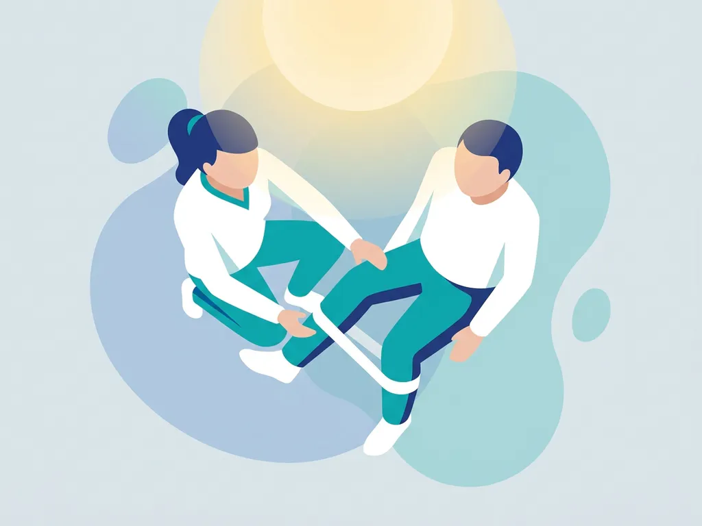 Physiotherapist in white guiding a seated patient through a knee-strengthening exercise in a calm, modern clinic illustration.