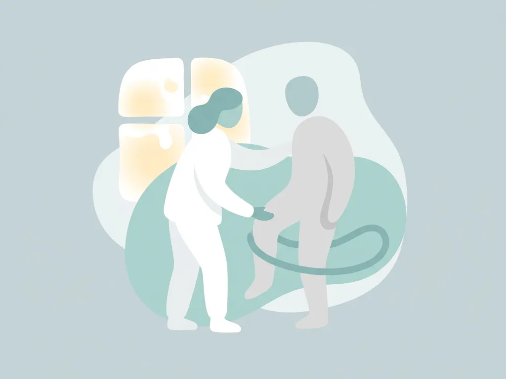Physiotherapist in white guiding an elderly patient through a knee-bending exercise using a teal resistance band in a modern rehabilitation space.
